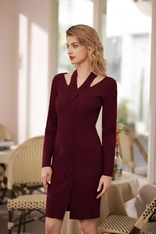 halterneck-sweater-dress-long-sleeve-front-slit-knitted-bodycon-dress