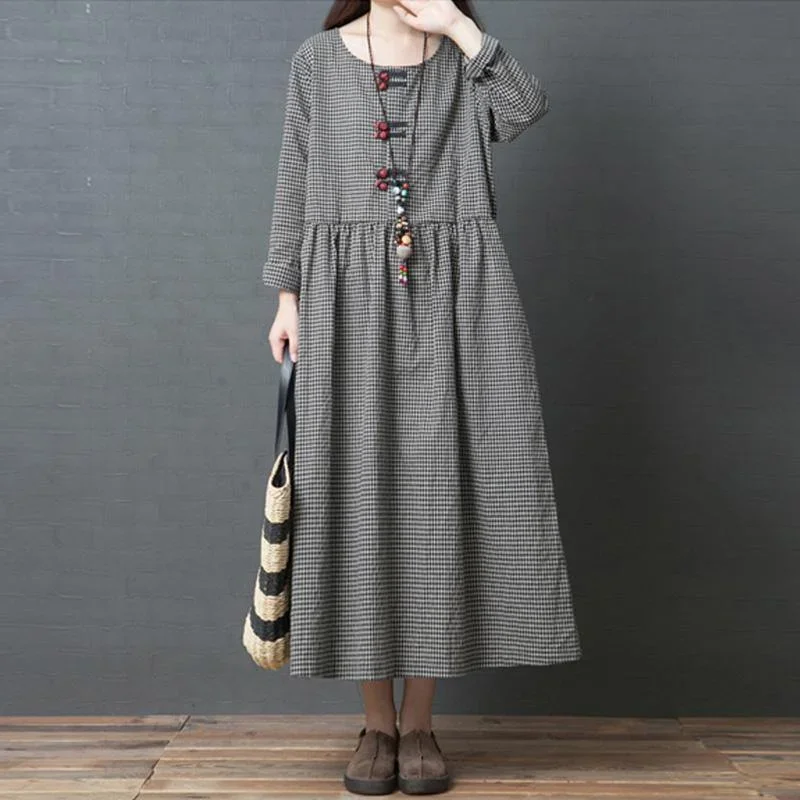 Handmade black Plaid linen dresses Korean Fabrics o neck patchwork long Dress