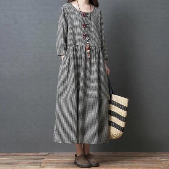 handmade-black-plaid-linen-dresses-korean-fabrics-o-neck-patchwork-long-dress