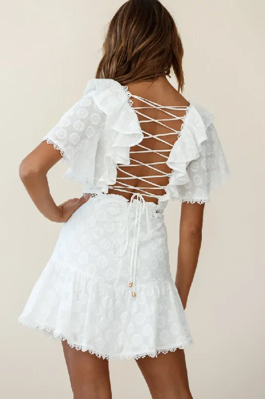 how-romantic-flounce-sleeve-lace-up-back-dress-floral-embossed-white