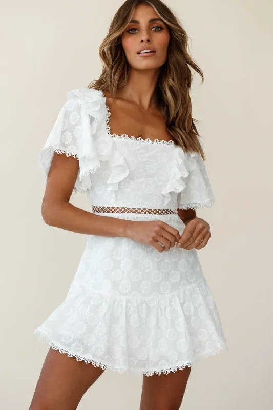 how-romantic-flounce-sleeve-lace-up-back-dress-floral-embossed-white