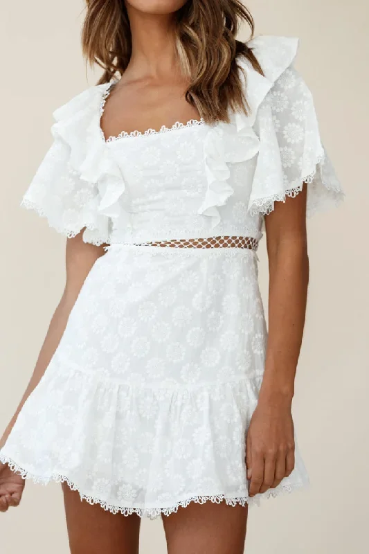 how-romantic-flounce-sleeve-lace-up-back-dress-floral-embossed-white