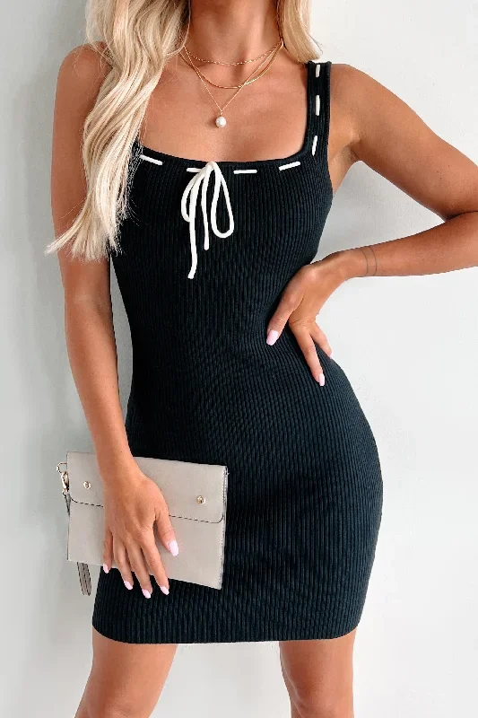 In My Prime Contrast Tie Ribbed Bodycon Dress (Black)