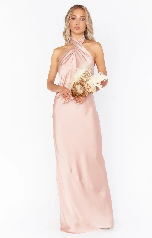 Jasmine Halter Maxi Dress ~ Rose Gold Luxe Satin