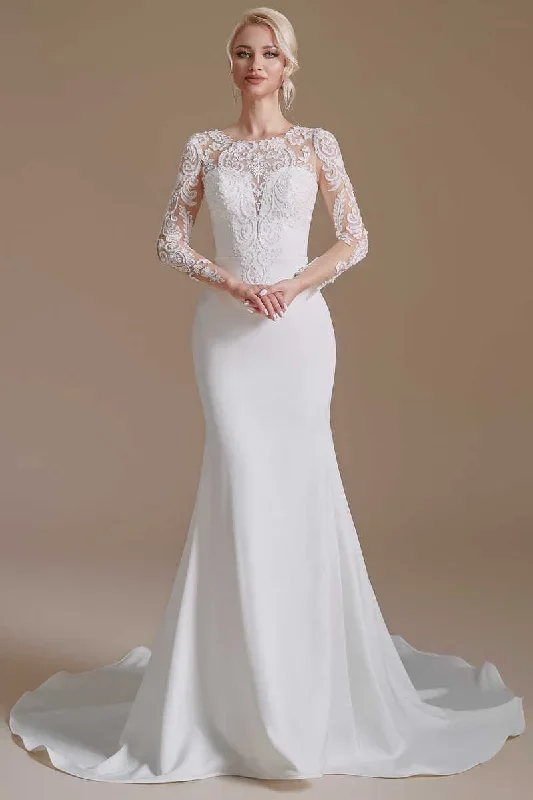 Lace Crew Neck White Mermaid Wedding Dress with Long Sleeves