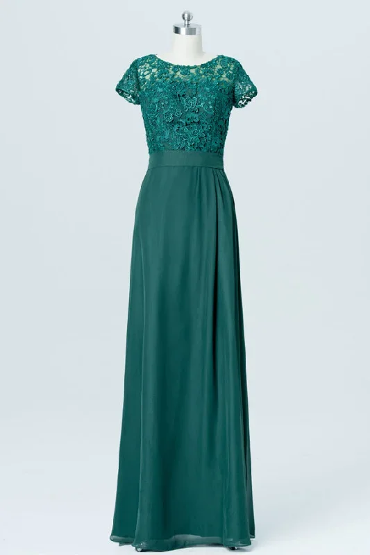 Lace Top Emerald Green Bridesmaid Dress with Short Sleeves