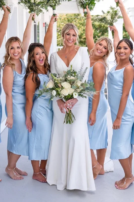 Light Blue Spandex Cowl Neck Straps Calf-Length Bridesmaid Dress