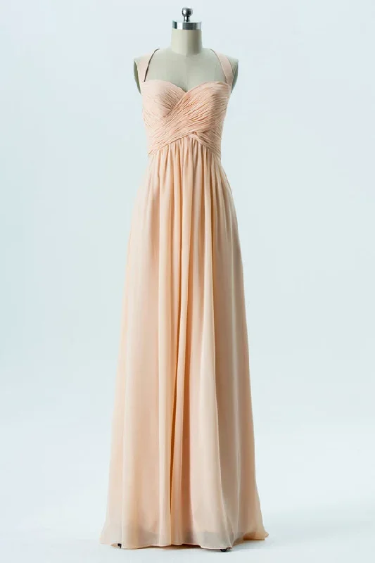 Light Orange Chiffon Halter Backless Bridesmaid Dress