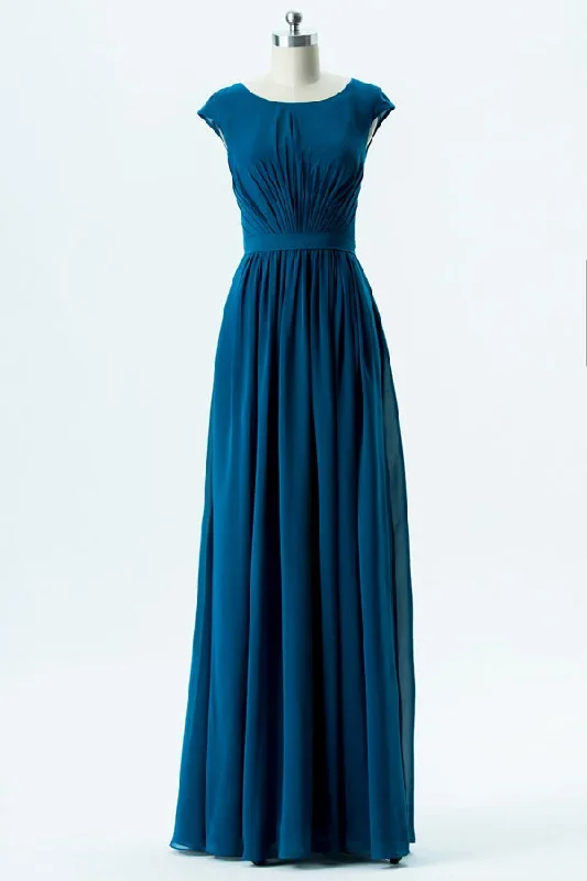 Long Chiffon Teal Pleated Bridesmaid Dress