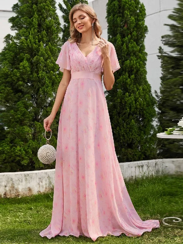 Long Empire Waist Bridesmaid Dress with Short Flutter Sleeves