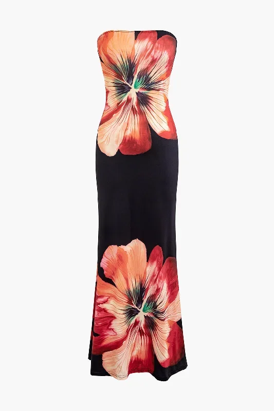 Floral Print Strapless Maxi Dress