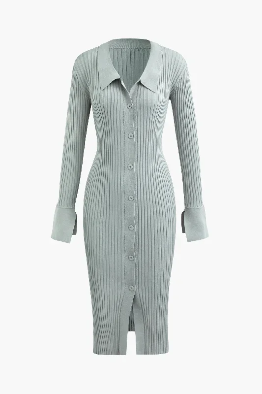 Collar Button Up Rib Knit Midi Dress