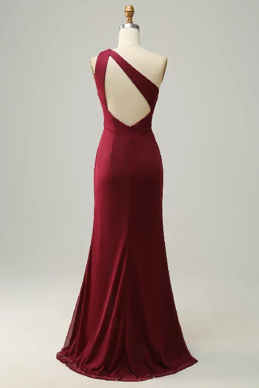 mermaid-one-shoulder-burgundy-pleated-bridesmaid-dress