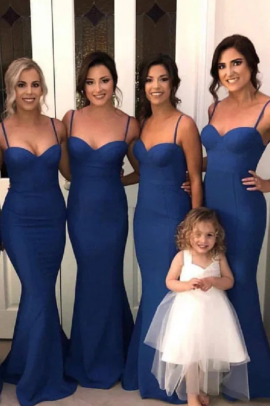 Mermaid Navy Blue Straps Long Bridesmaid Dress