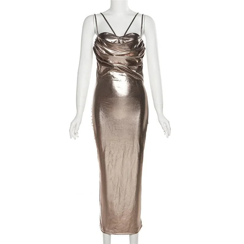 metallic-ruched-backless-patchwork-solid-midi-dress