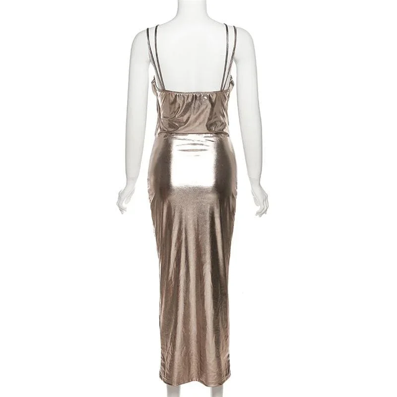 metallic-ruched-backless-patchwork-solid-midi-dress