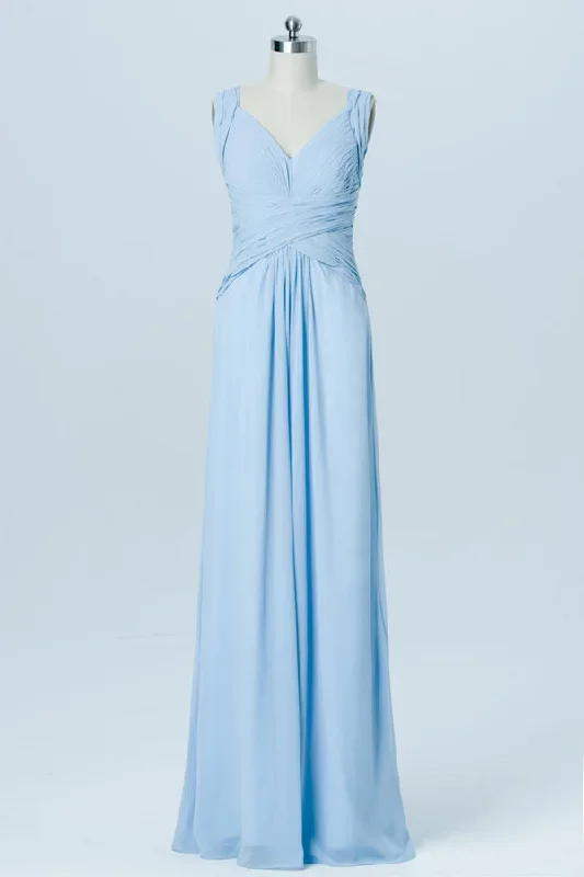 Modest Pleated Straps Backless Light Blue Bridesmaid Dress