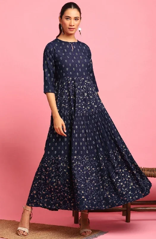 Navy Blue Cotton Flex Floral Flared Western Dress