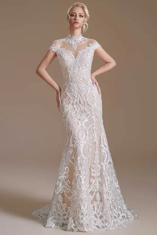 Off-White Lace High Collar Off-the-Shoulder Mermaid Wedding Dress