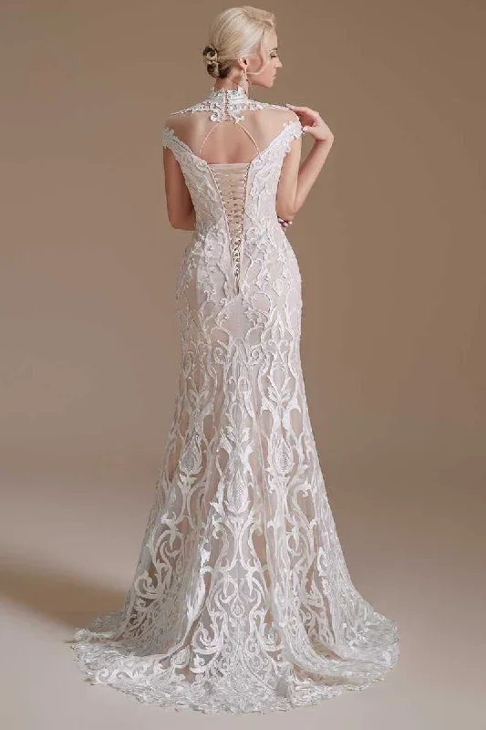 off-white-lace-high-collar-off-the-shoulder-mermaid-wedding-dress