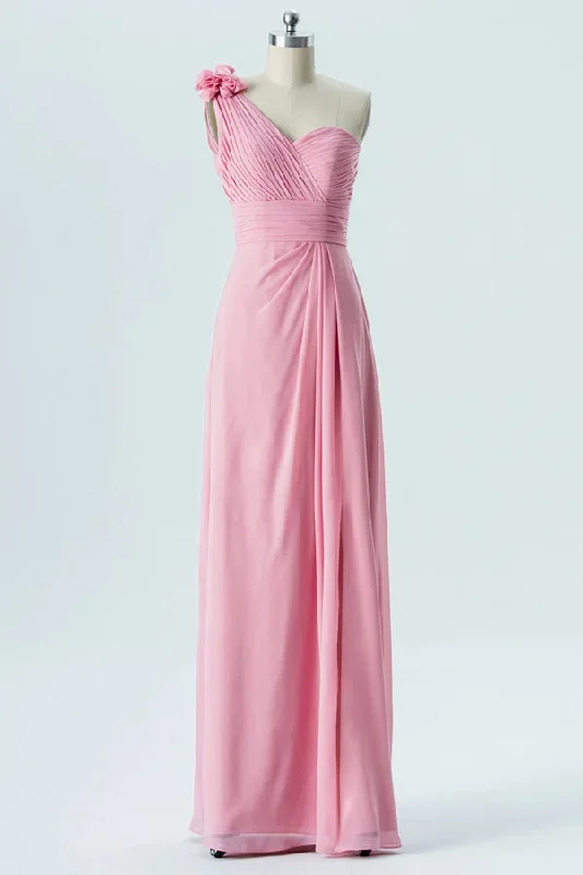 One Shoulder Pink Pleated Bridesmaid Dresss