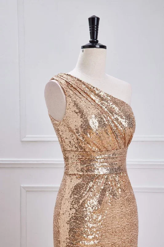 one-shoulder-pleated-gold-sequin-mermaid-bridesmaid-dress