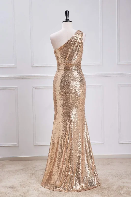 one-shoulder-pleated-gold-sequin-mermaid-bridesmaid-dress