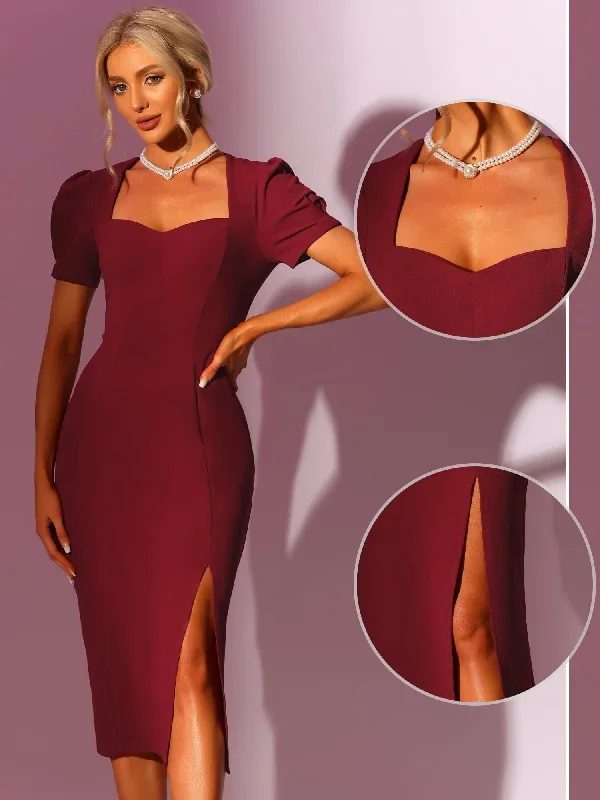 Midi Elegant Short Sleeve Sweetheart Neck Split Bodycon Dress