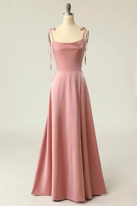 Peach Satin Square Neck Tying Straps Long Bridesmaid Dress