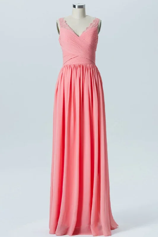 Pink Chiffon Lace Straps Bridesmaid Dress