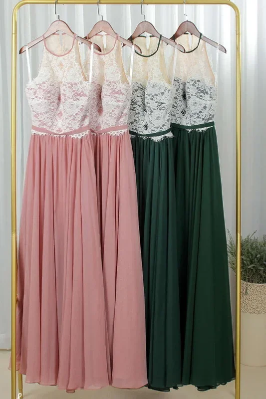 Pink Lace Pleated Long Bridesmaid Dress