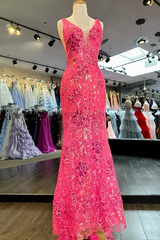 Pink Sequin Appliques Plunge V Mermaid Long Formal Dress