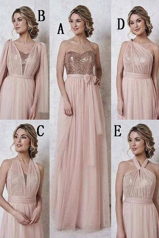 Convertible Rose Gold Long Bridesmaid Dress with Sequins