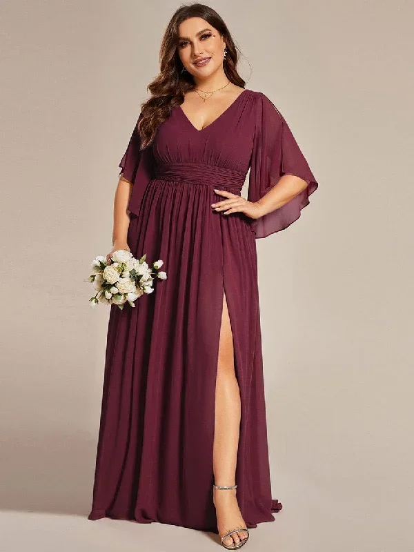 plus-size-half-sleeve-pleated-a-line-v-neck-chiffon-bridesmaid-dress-es01886