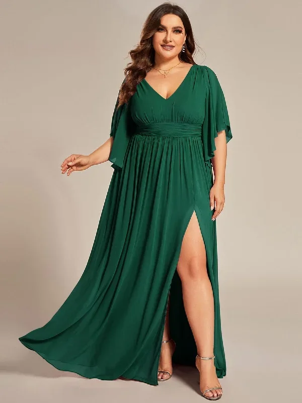 plus-size-half-sleeve-pleated-a-line-v-neck-chiffon-bridesmaid-dress-es01886