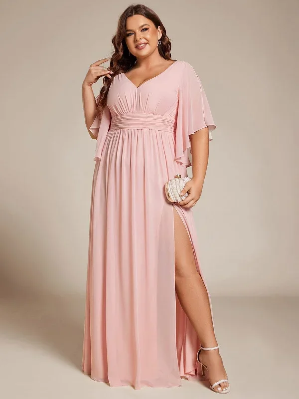 plus-size-half-sleeve-pleated-a-line-v-neck-chiffon-bridesmaid-dress-es01886