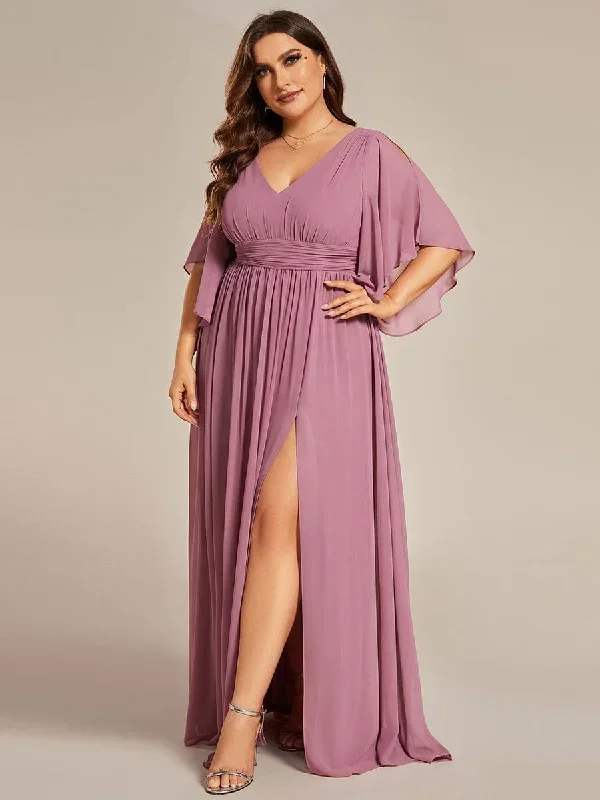 plus-size-half-sleeve-pleated-a-line-v-neck-chiffon-bridesmaid-dress-es01886