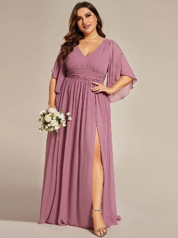 plus-size-half-sleeve-pleated-a-line-v-neck-chiffon-bridesmaid-dress-es01886