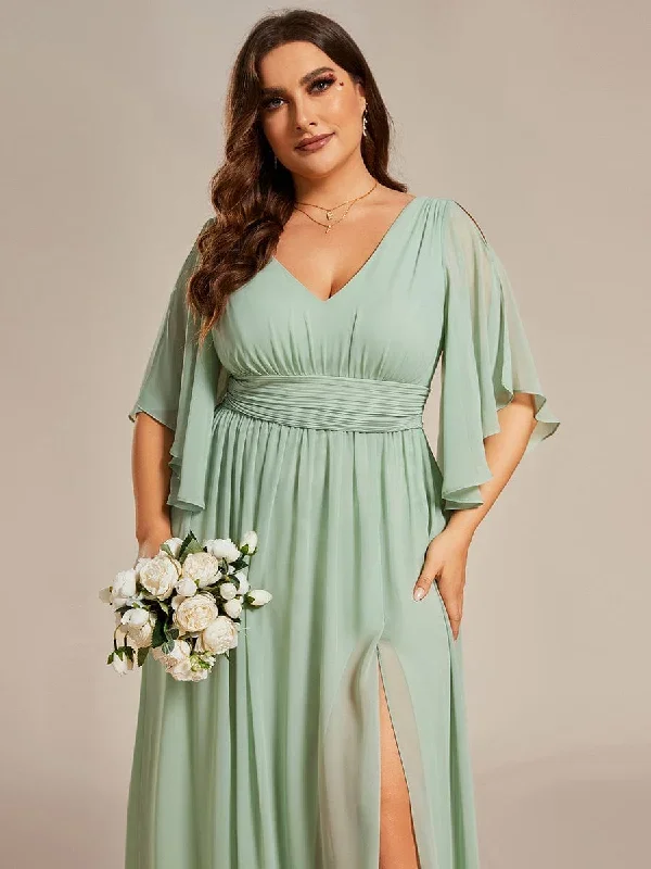 plus-size-half-sleeve-pleated-a-line-v-neck-chiffon-bridesmaid-dress-es01886