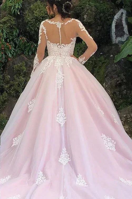 princess-long-sleeves-a-line-pink-wedding-dress-with-lace