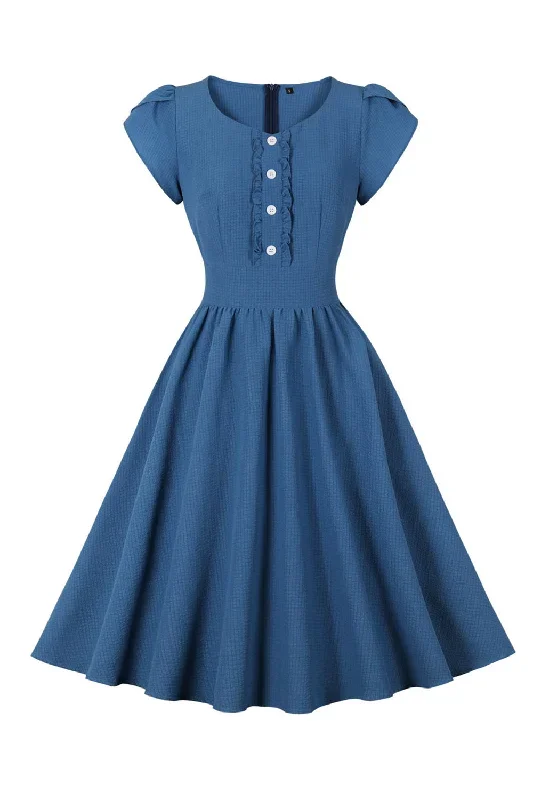 Robe bleue à carreaux des années 50 avec volants