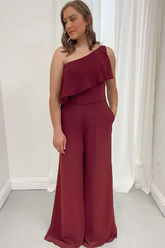 Ruffles Burgundy Chiffon One-Shoulder Wide-Leg Jumpsuit