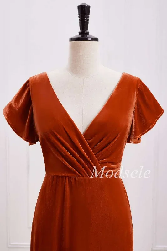 rust-orange-velvet-surplice-backless-bridesmaid-dress