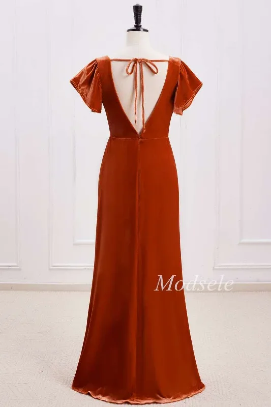 rust-orange-velvet-surplice-backless-bridesmaid-dress