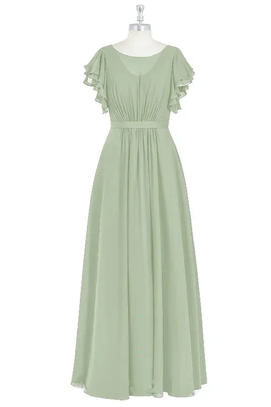 Sage Green Crew Neck Ruffles A-Line Long Bridesmaid Dress