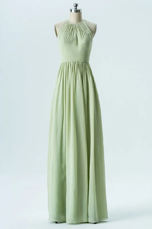 Sage Green Halter Cutout Back Bridesmaid Dress