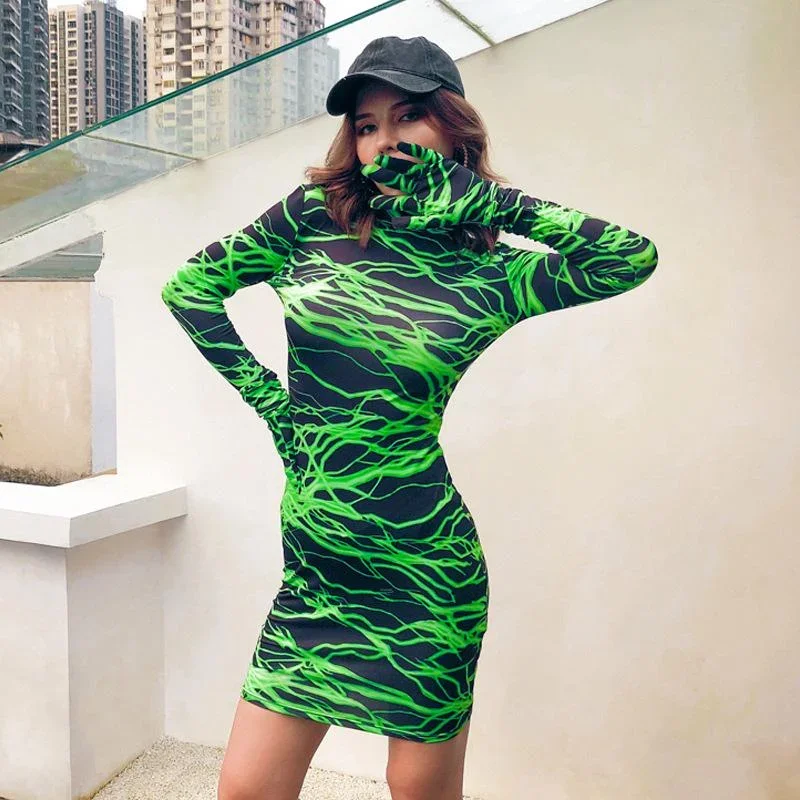 sexy-dresses-club-wear-fall-winter-neon-green-lightning-print-gloves-high-neck-long-sleeve-bodycon-mini-dress-c70-ab19