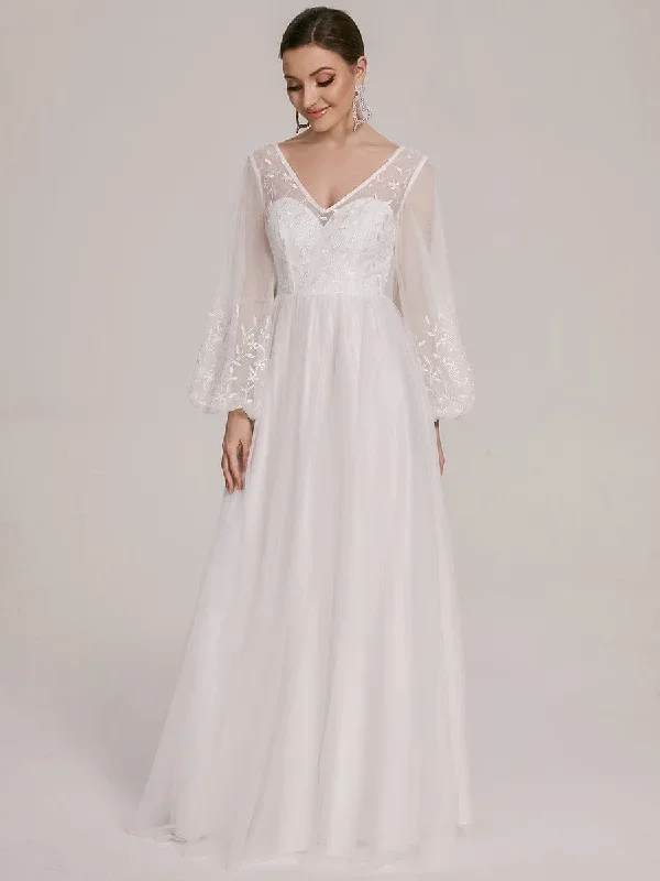 sheer-floral-puffed-sleeve-sweetheart-a-line-wedding-dress-eh90398