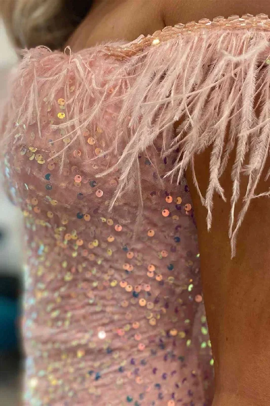 short-sequin-off-the-shoulder-pink-feather-bodycon-homecoming-dress