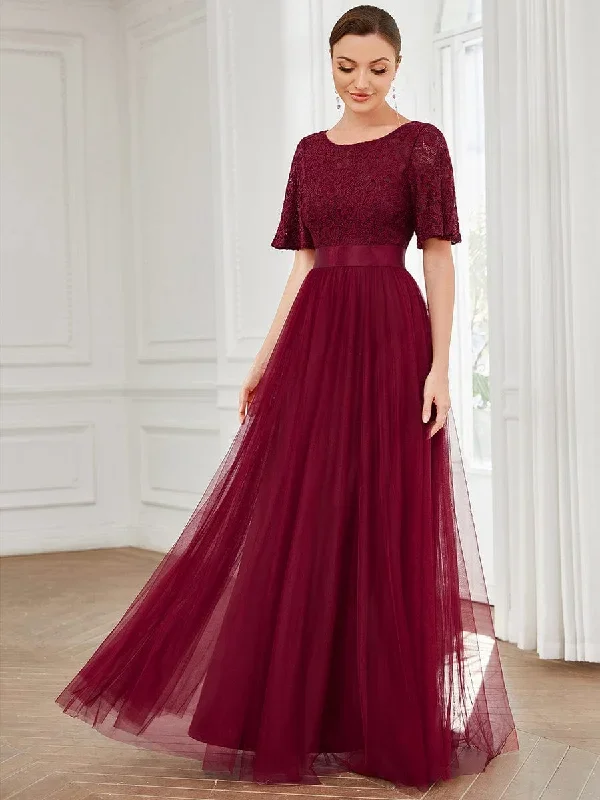 short-sleeve-backless-ribbon-waist-a-line-tulle-bridesmaid-dress-es01399